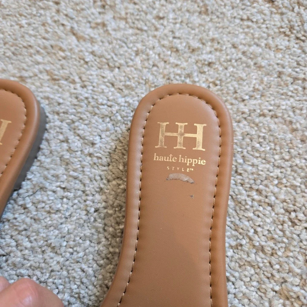 Haute Hippie Style Womens Slide Sandals Green Embroidered Geometric Boho Sz 8.5